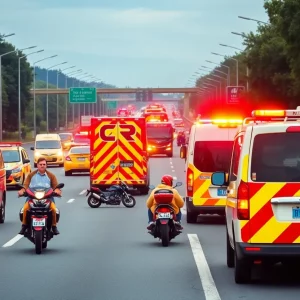 Emergency vehicles at the scene of a motorcycle accident on I-565.