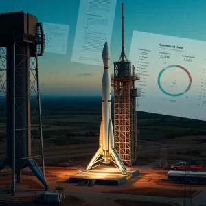 Illustration showing rocket launch site with budget documents