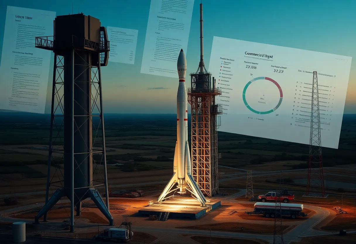 Illustration showing rocket launch site with budget documents