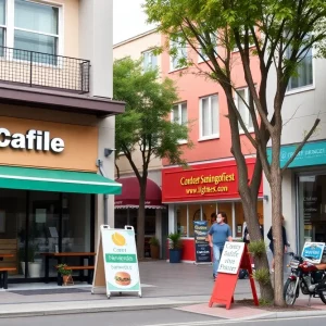 Street view of new businesses including cafés and a healthcare facility in Huntsville.