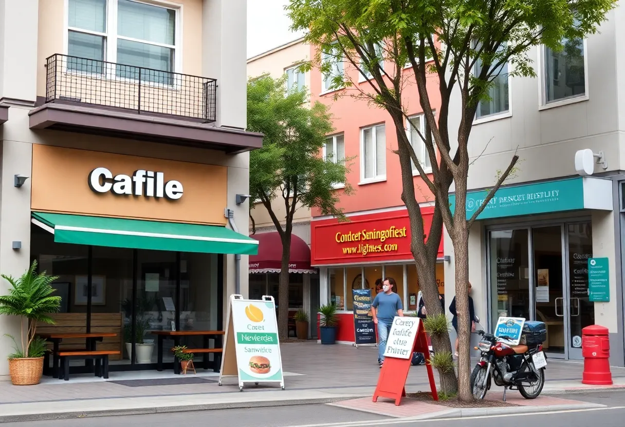 Street view of new businesses including cafés and a healthcare facility in Huntsville.
