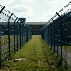 Exterior view of Orleans Parish Jail with police presence