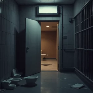 Dramatic scene of a jail escape showing an ajar loading door and an empty cell.
