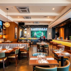 Interior of One Eleven Bar & Kitchen featuring dining areas and a stage.