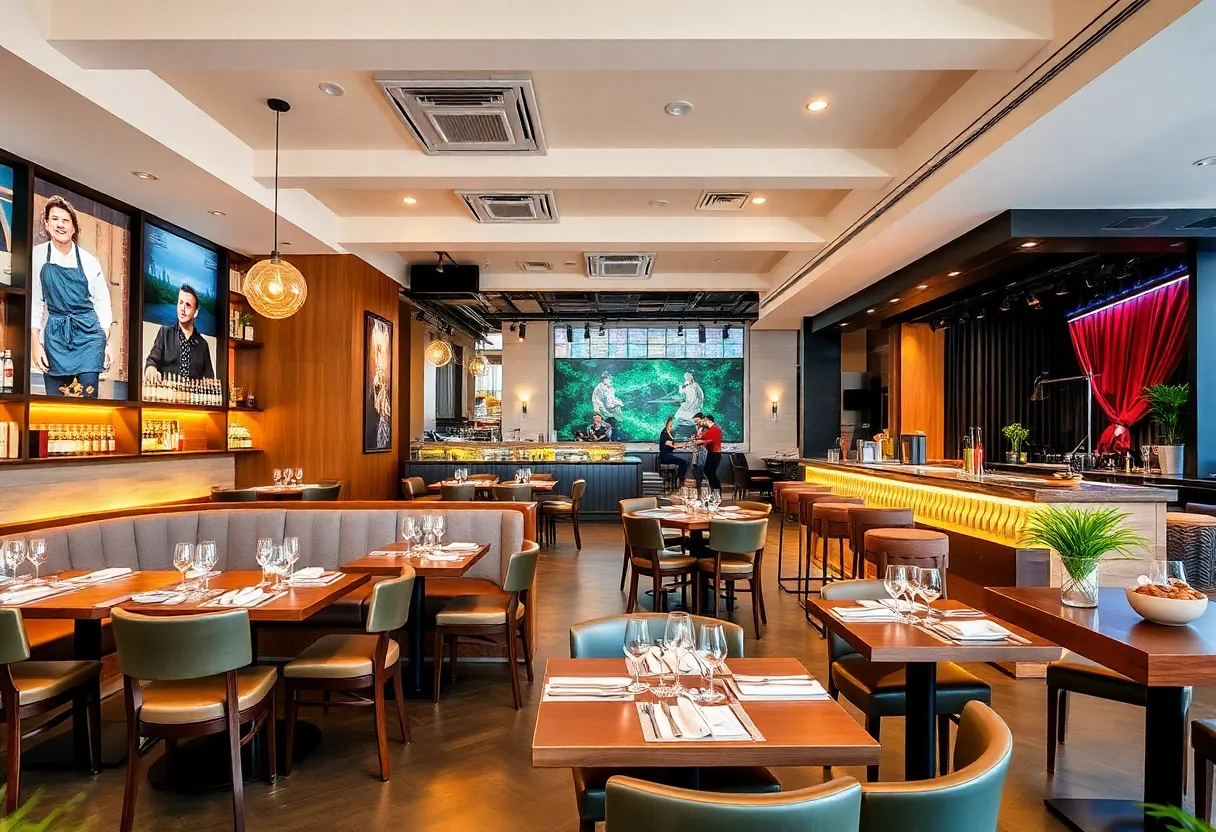 Interior of One Eleven Bar & Kitchen featuring dining areas and a stage.