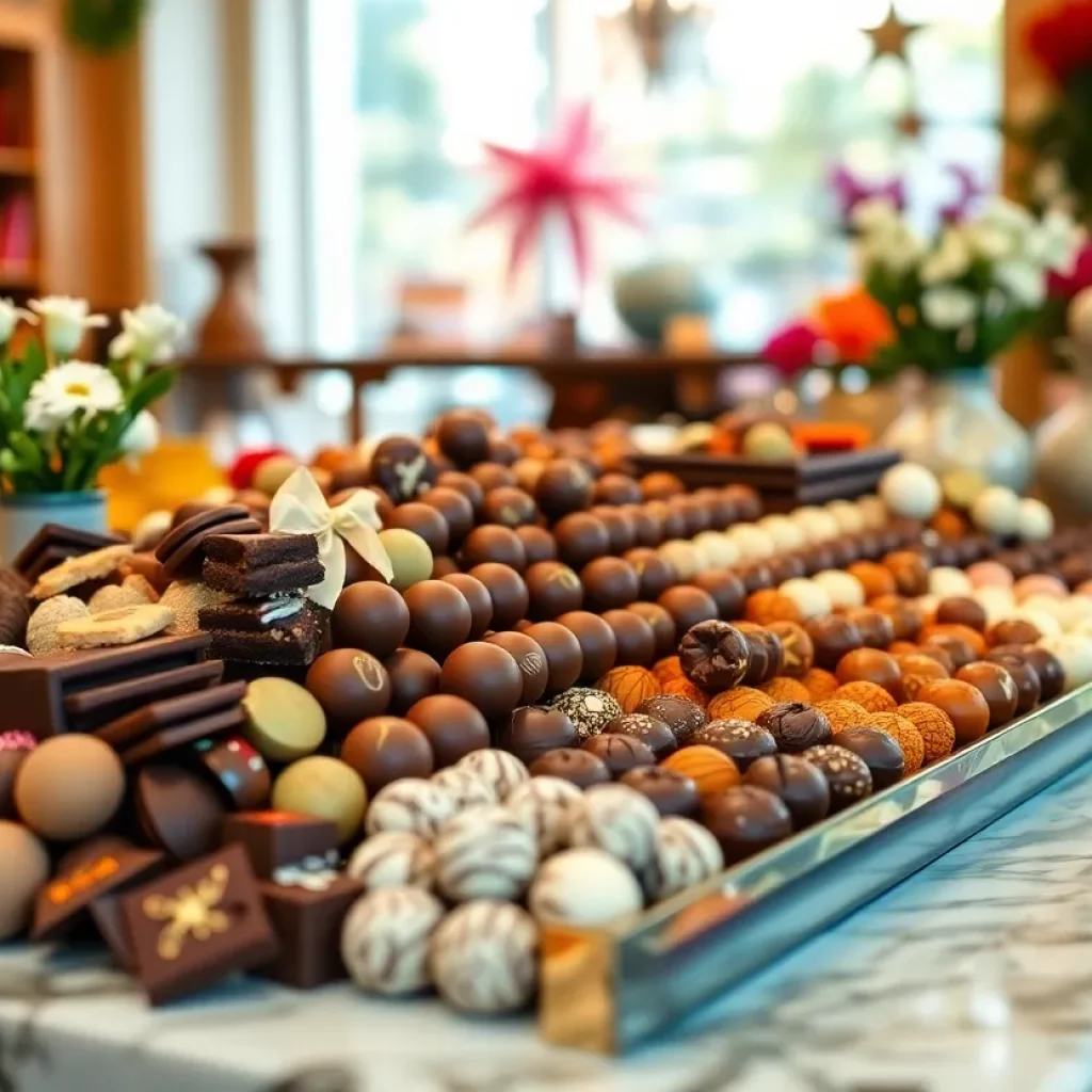 Display of artisan chocolates at Pizzelle's Confections