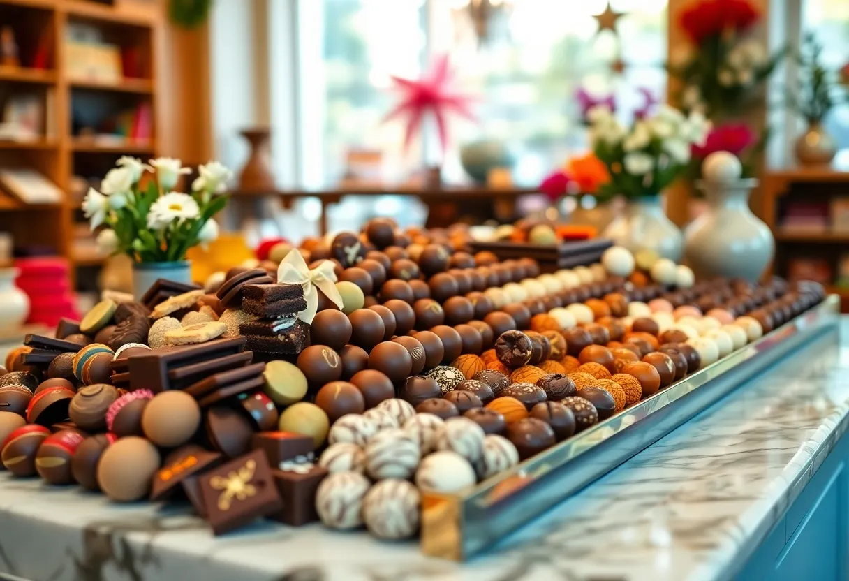 Display of artisan chocolates at Pizzelle's Confections