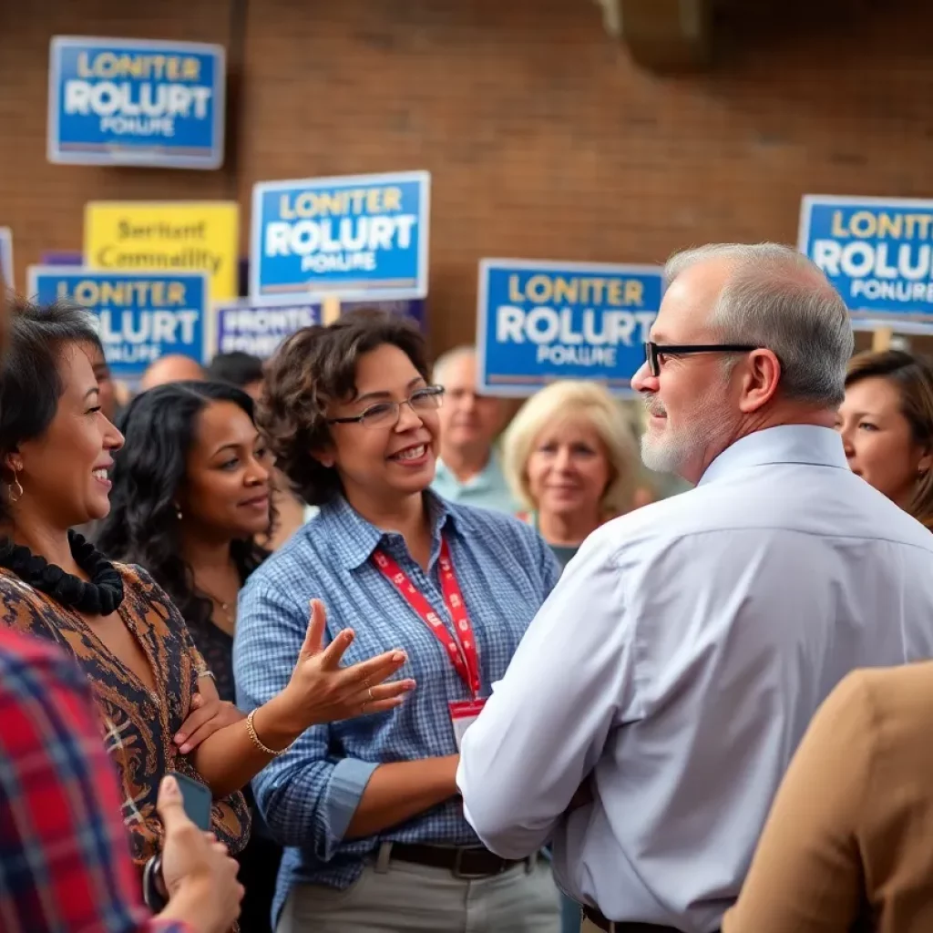 A diverse group of voters discussing candidates in a political campaign setting.