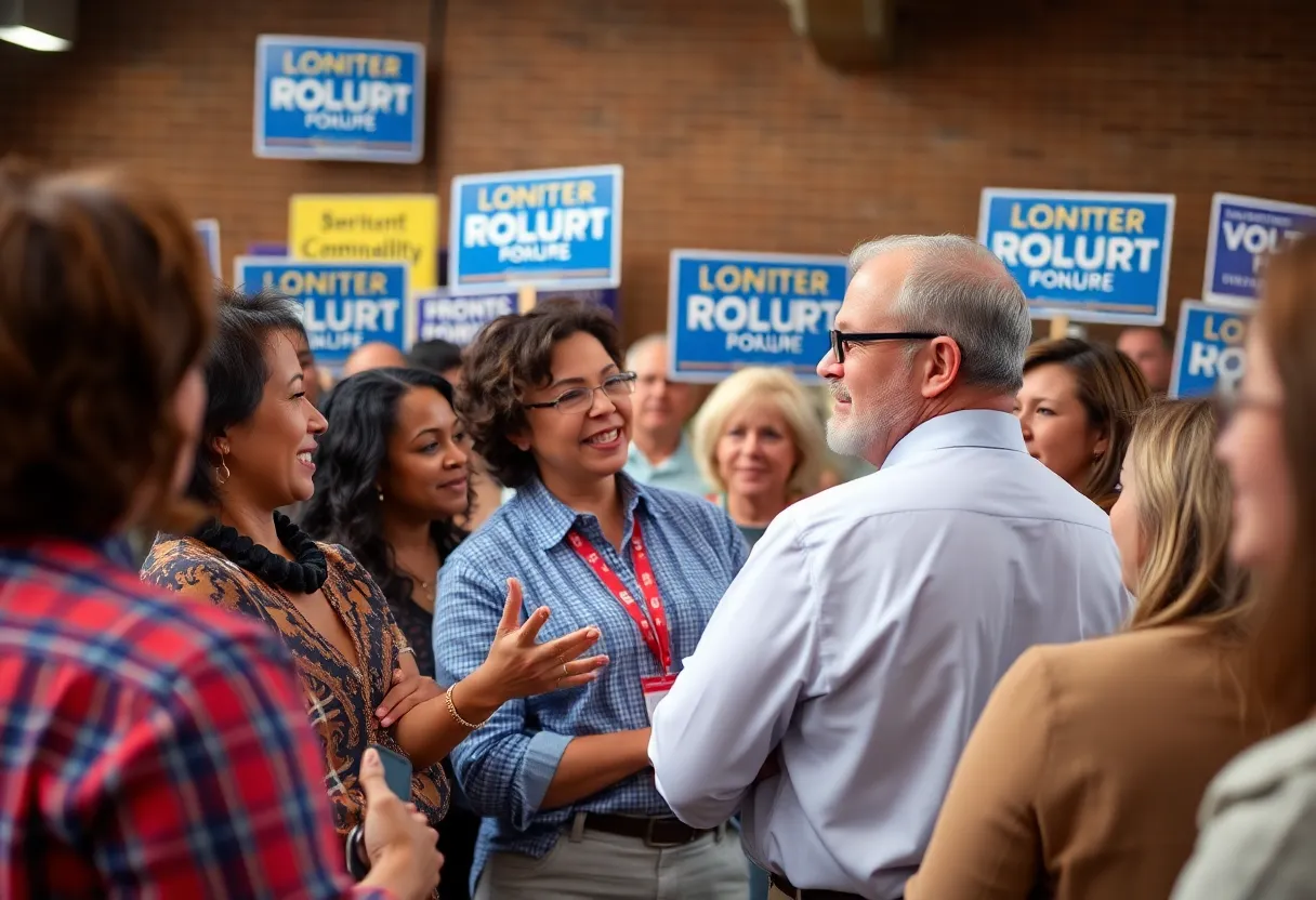 A diverse group of voters discussing candidates in a political campaign setting.