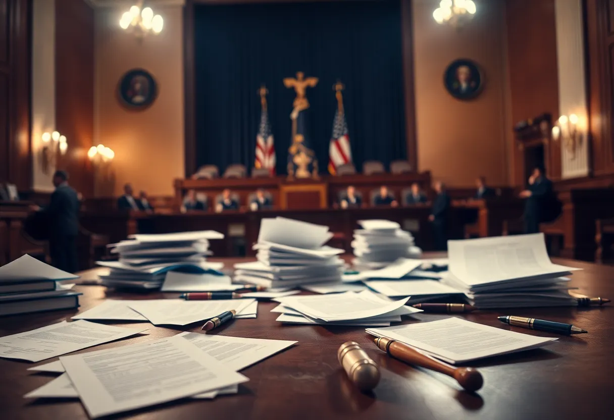 Courtroom scene representing political investigation