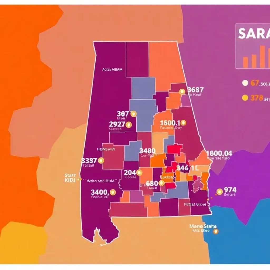 Map of Alabama showing population growth areas