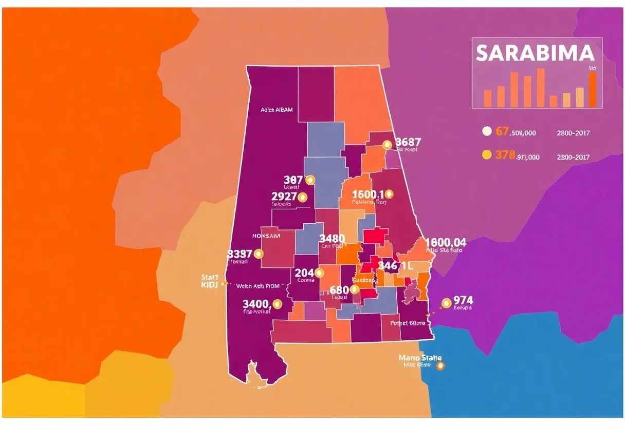 Map of Alabama showing population growth areas