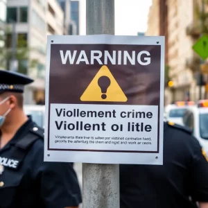 Public alert poster regarding violent crime and safety precautions.