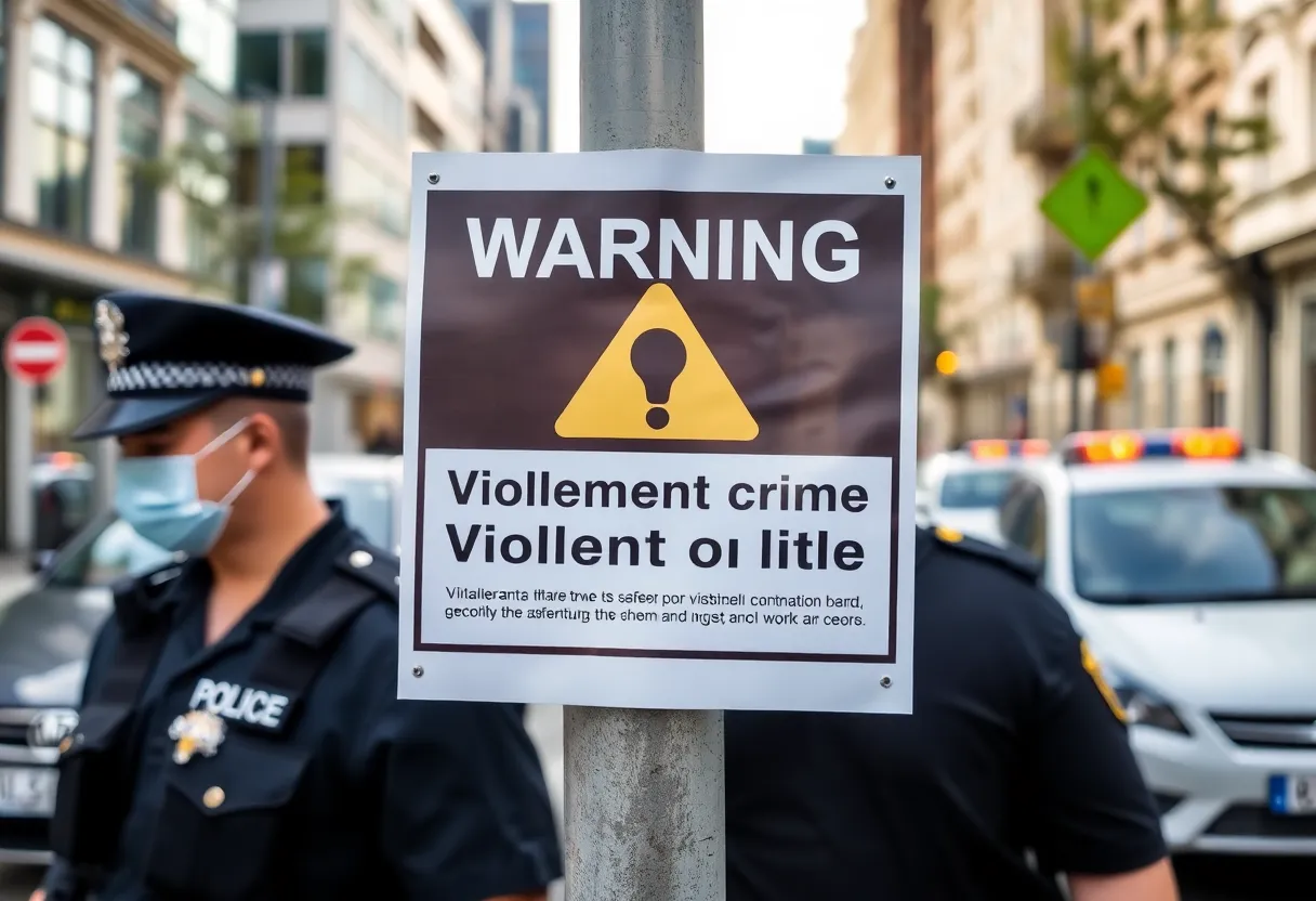 Public alert poster regarding violent crime and safety precautions.