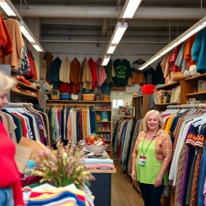 Interior view of Redstone Thrift Shop with shelves of items