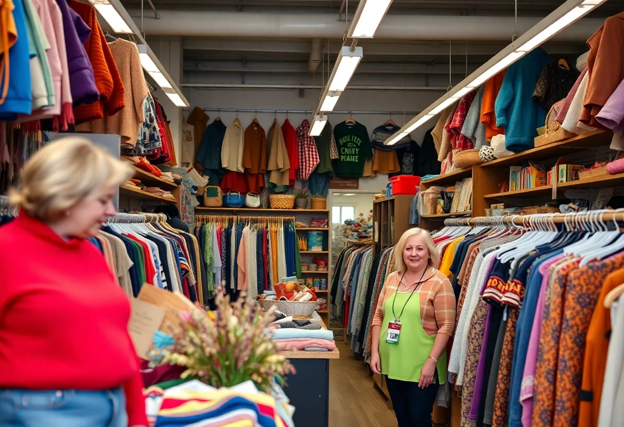 Interior view of Redstone Thrift Shop with shelves of items
