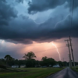 Damaged rural landscape in Georgia and Alabama due to severe thunderstorms