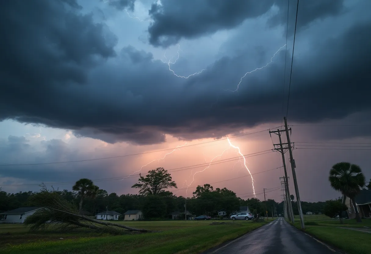 Damaged rural landscape in Georgia and Alabama due to severe thunderstorms