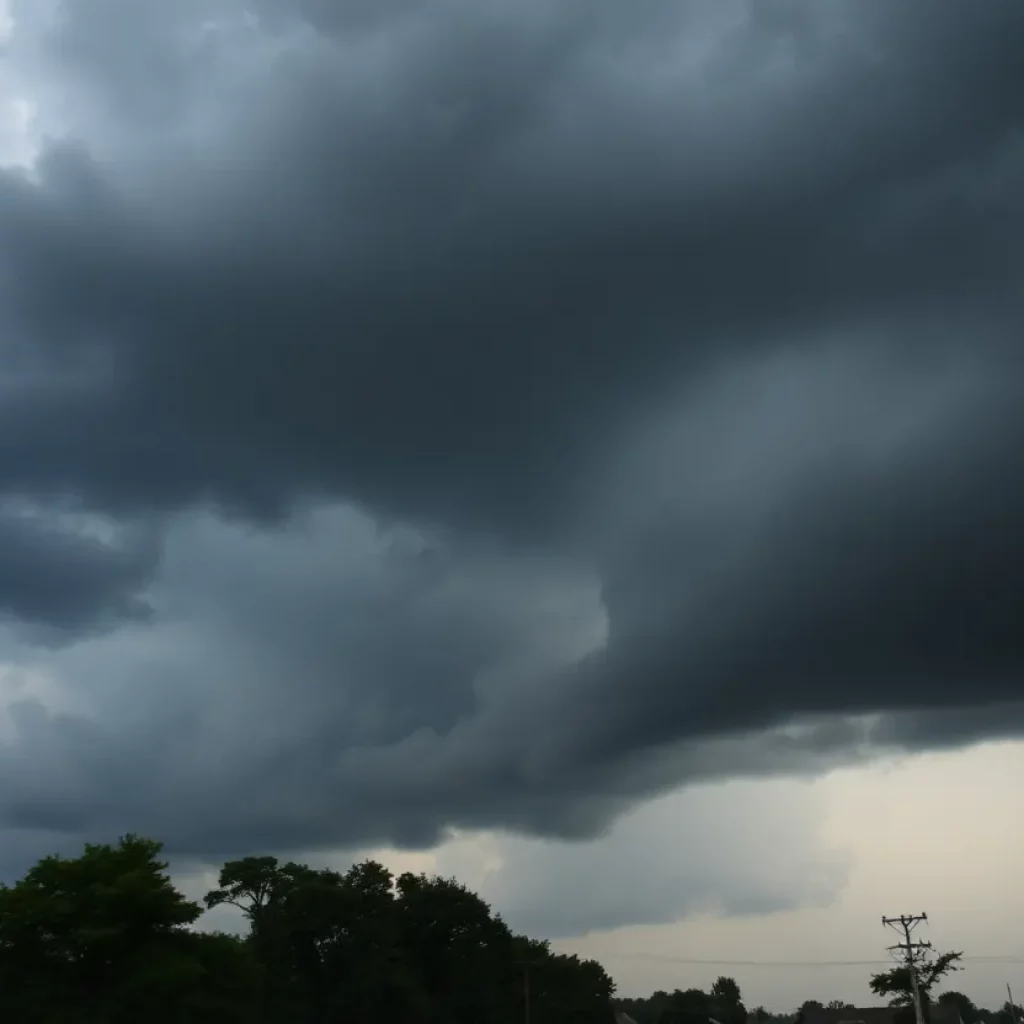 Dramatic storm clouds over Alabama with trees swaying in the wind.