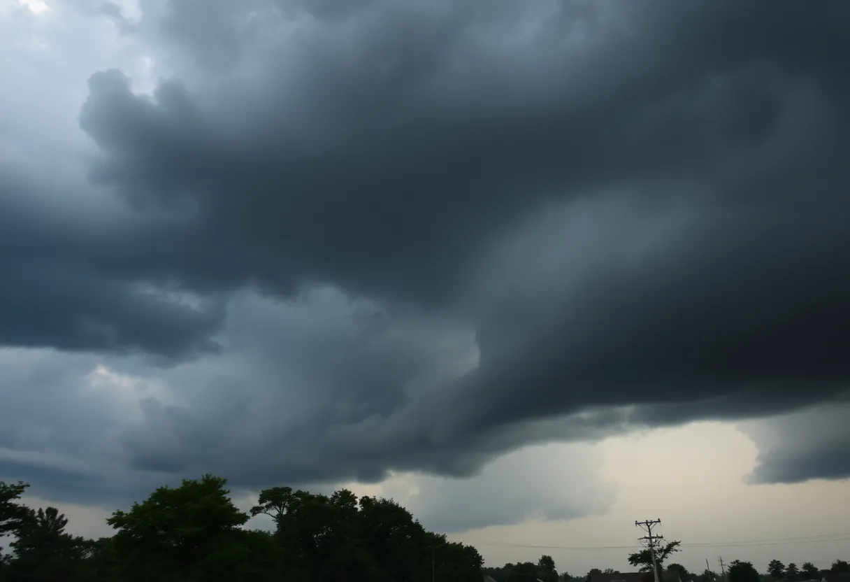 Dramatic storm clouds over Alabama with trees swaying in the wind.