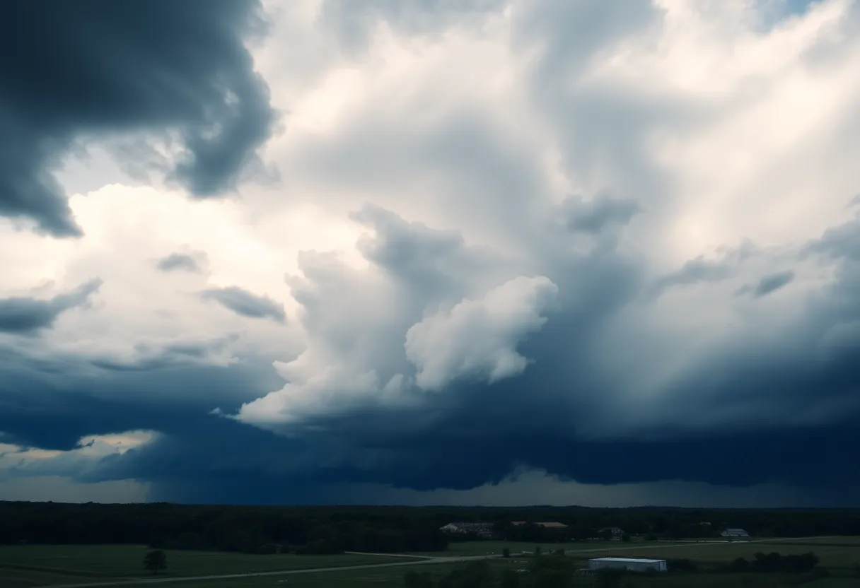 Dark storm clouds over Alabama landscape indicating severe weather