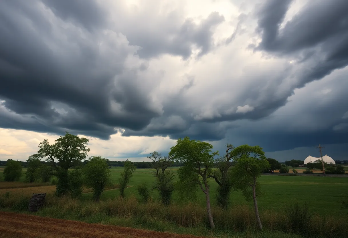 Dark storm clouds over rural landscape with trees