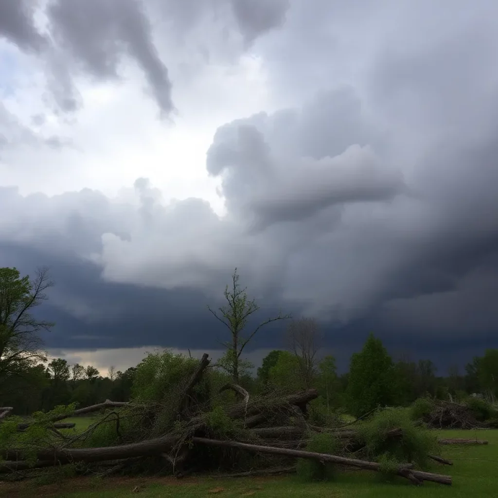 Scene of damaged landscape in North Alabama after severe weather with fallen trees and stormy skies.
