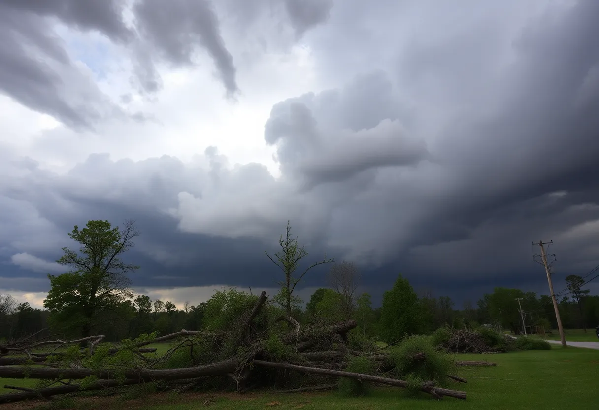 Scene of damaged landscape in North Alabama after severe weather with fallen trees and stormy skies.