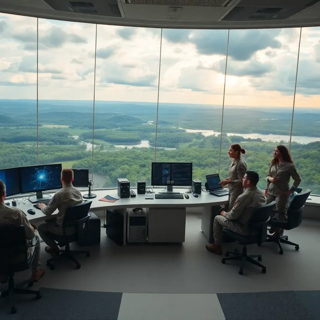 Conceptual illustration of the SPACECOM headquarters in Huntsville, featuring military personnel and advanced technology.