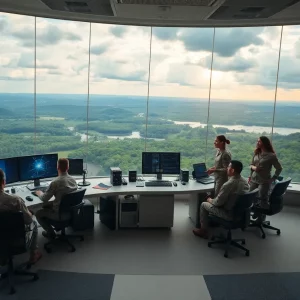 Conceptual illustration of the SPACECOM headquarters in Huntsville, featuring military personnel and advanced technology.