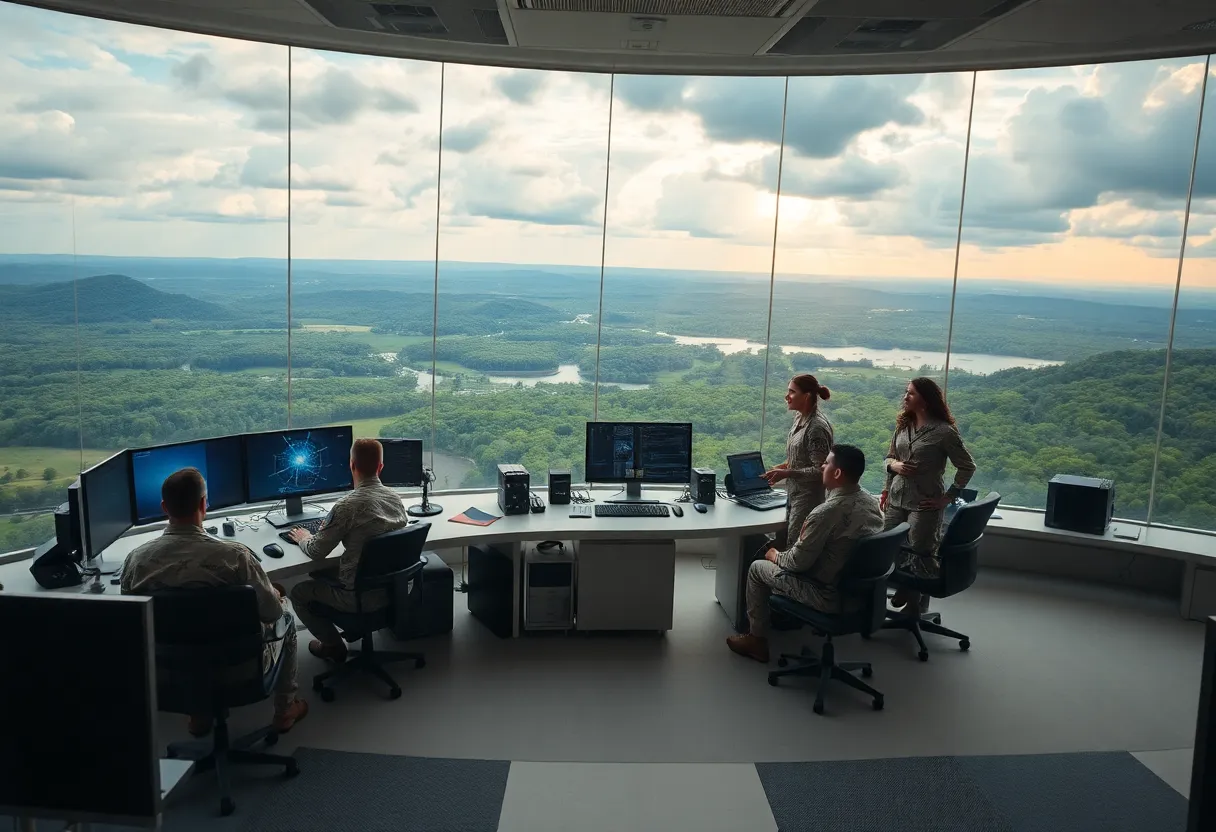 Conceptual illustration of the SPACECOM headquarters in Huntsville, featuring military personnel and advanced technology.