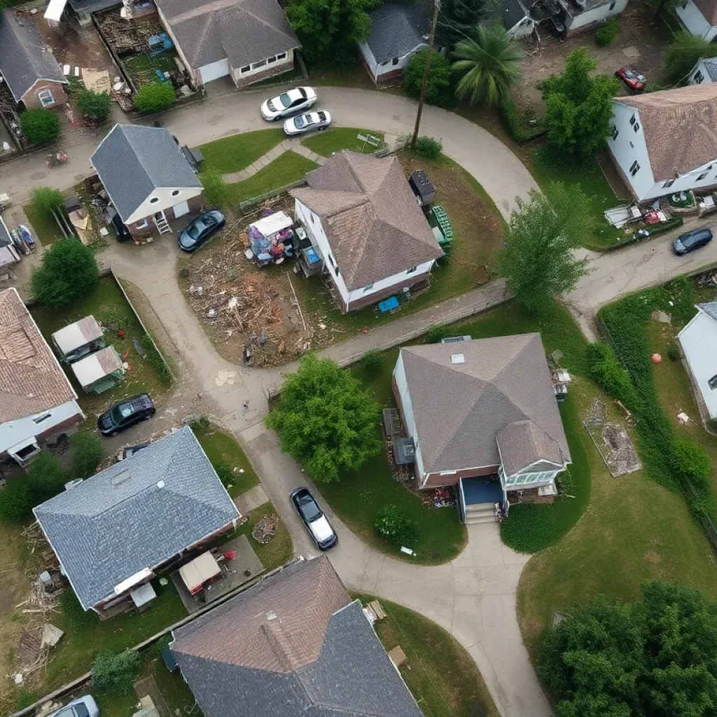 Community members assisting in storm recovery efforts in St. Louis with damaged buildings in the background.