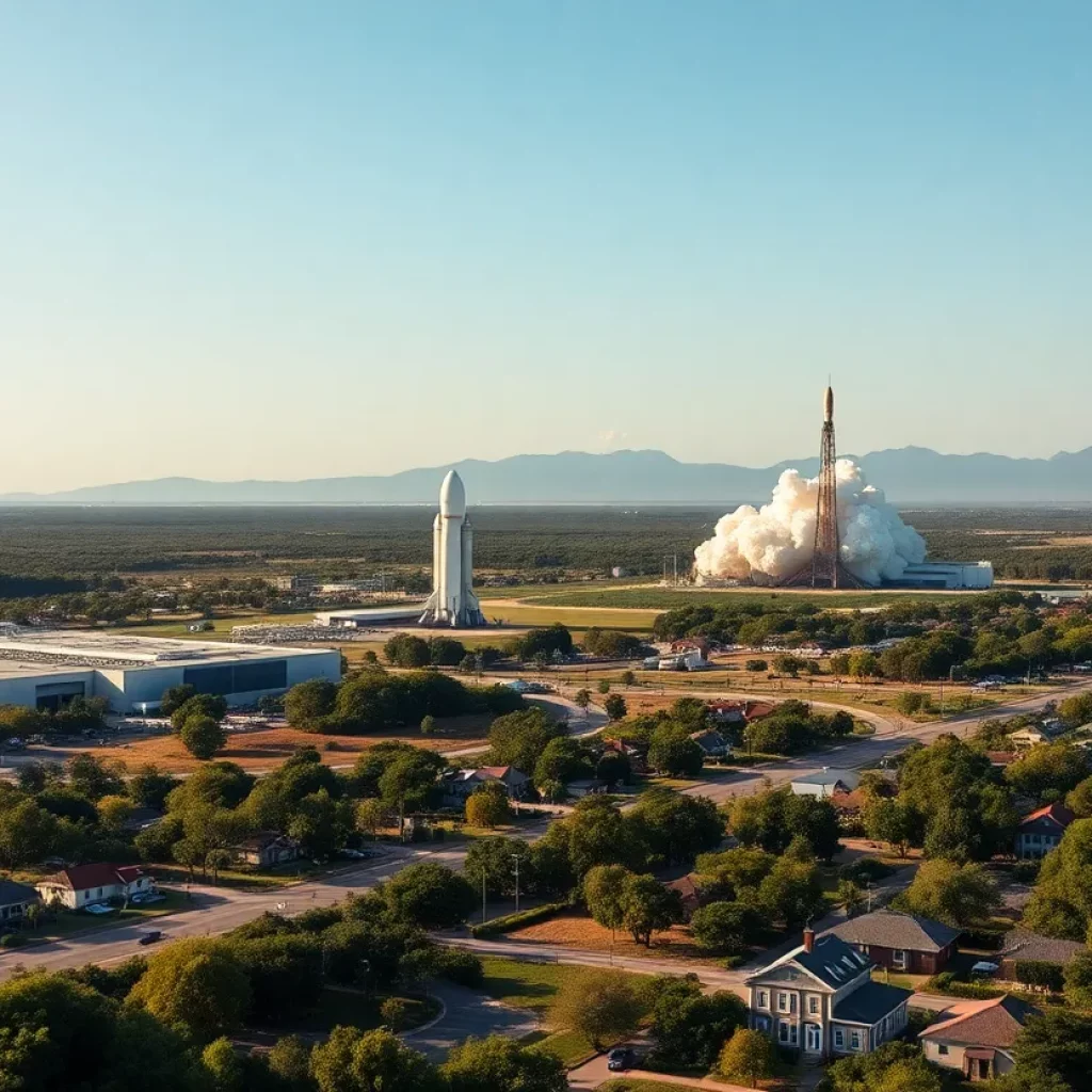A view of the new Starbase city and SpaceX facility with rockets launching.
