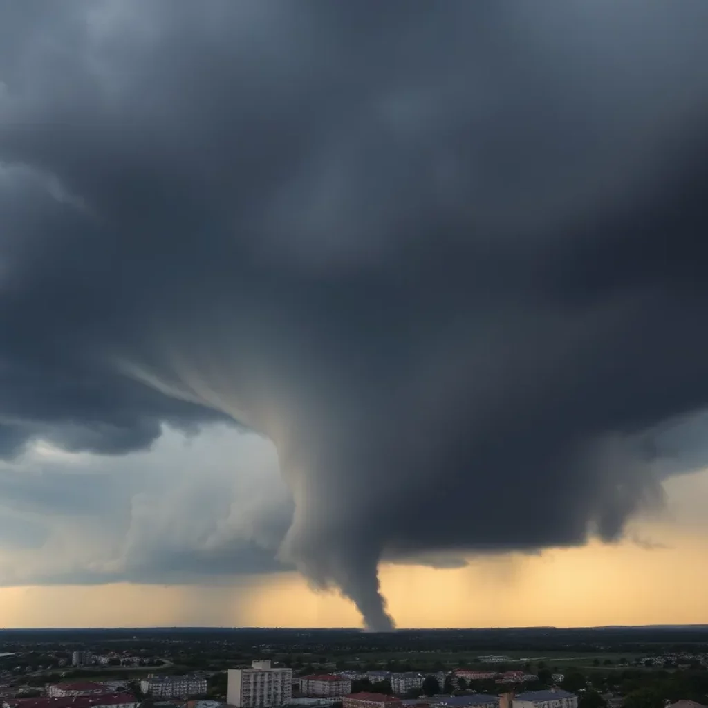 A dark stormy sky with a tornado forming over Huntsville, Alabama.