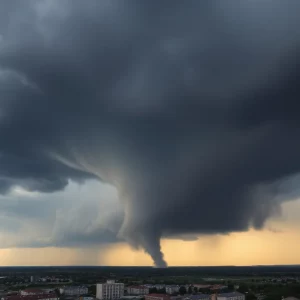 A dark stormy sky with a tornado forming over Huntsville, Alabama.