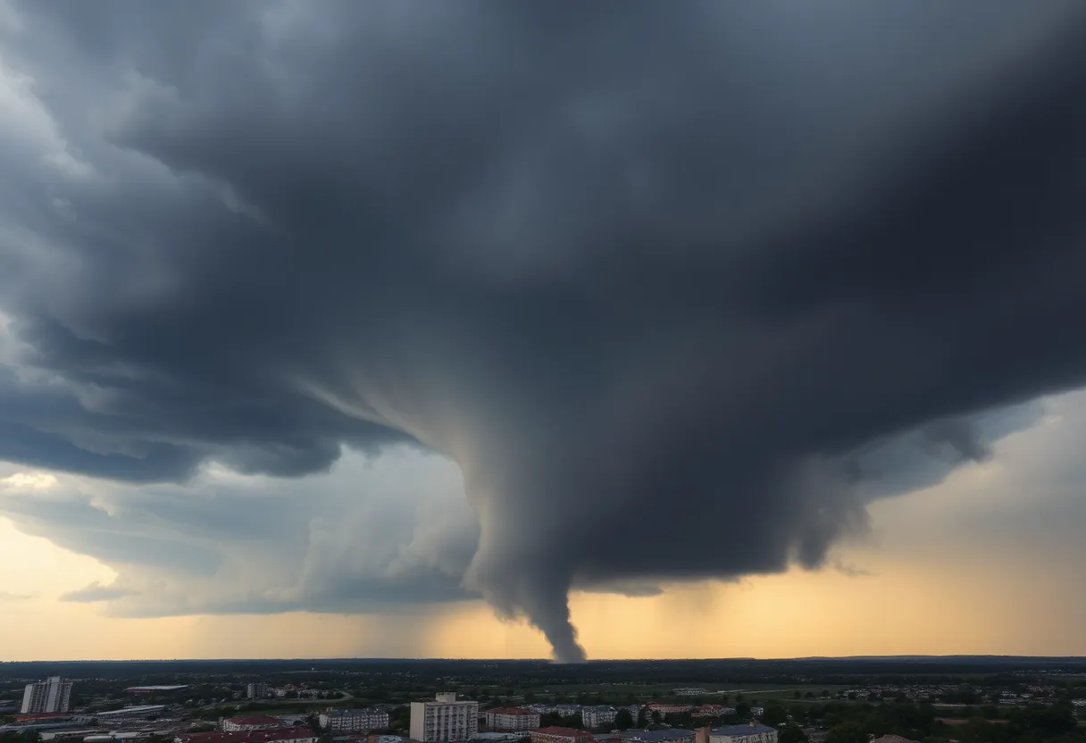 A dark stormy sky with a tornado forming over Huntsville, Alabama.