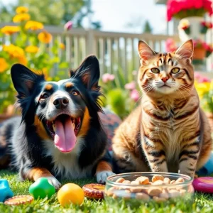 A dog and cat playing together in a sunny garden.