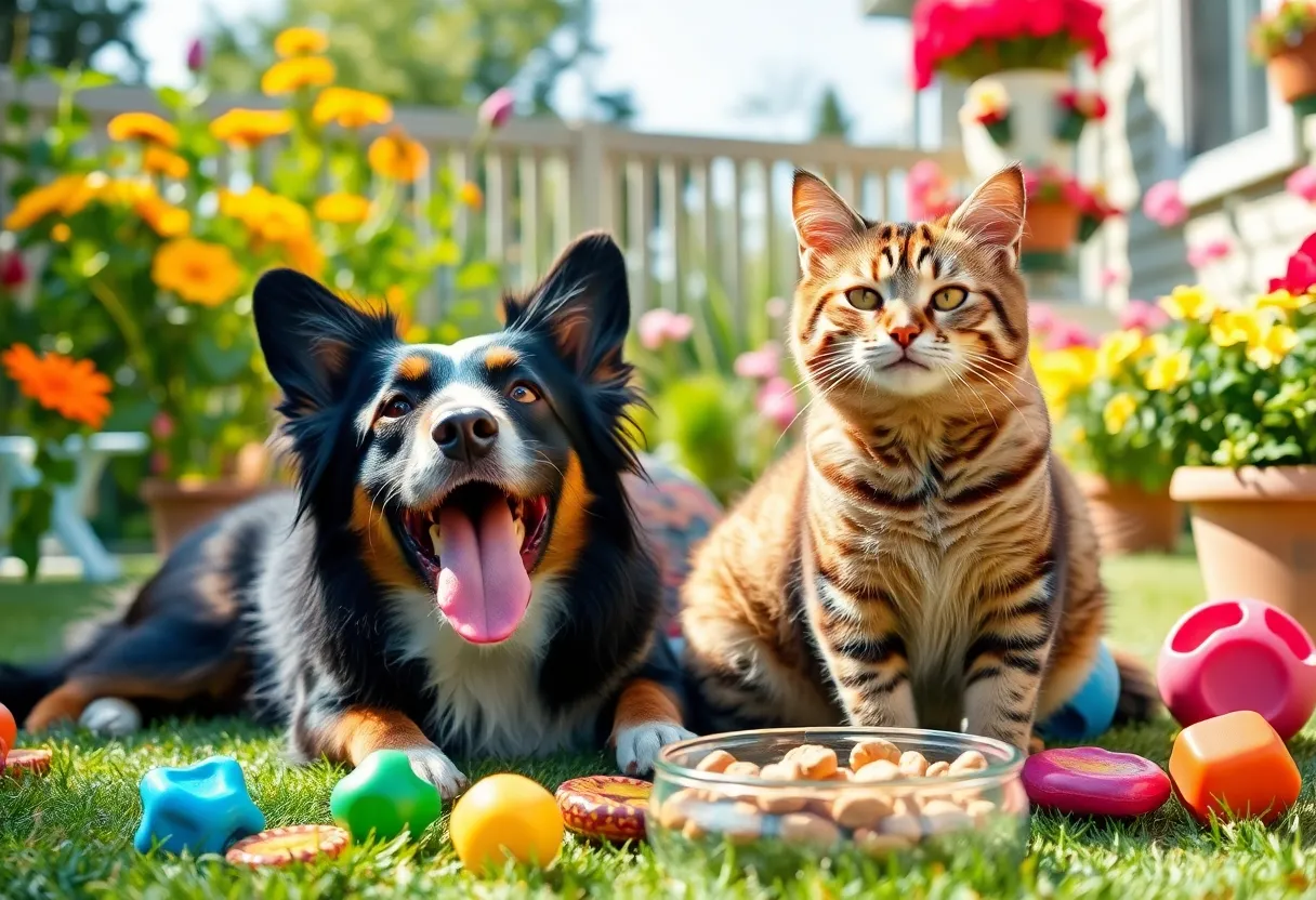 A dog and cat playing together in a sunny garden.