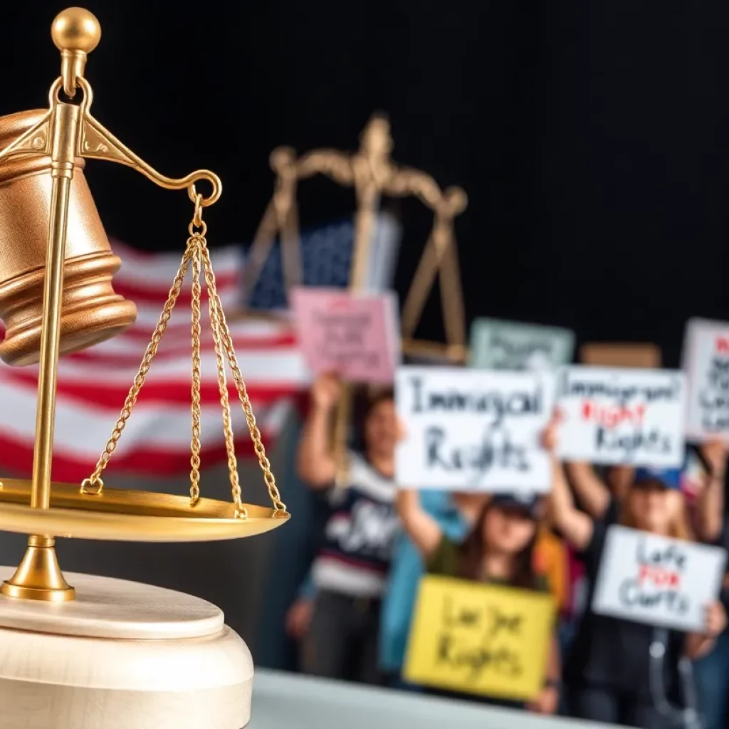 Illustration of justice symbols with a diverse protest scene