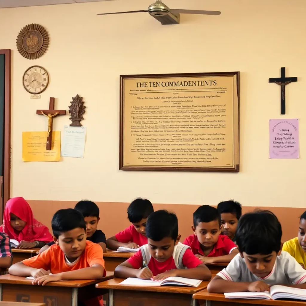 Public school classroom displaying the Ten Commandments
