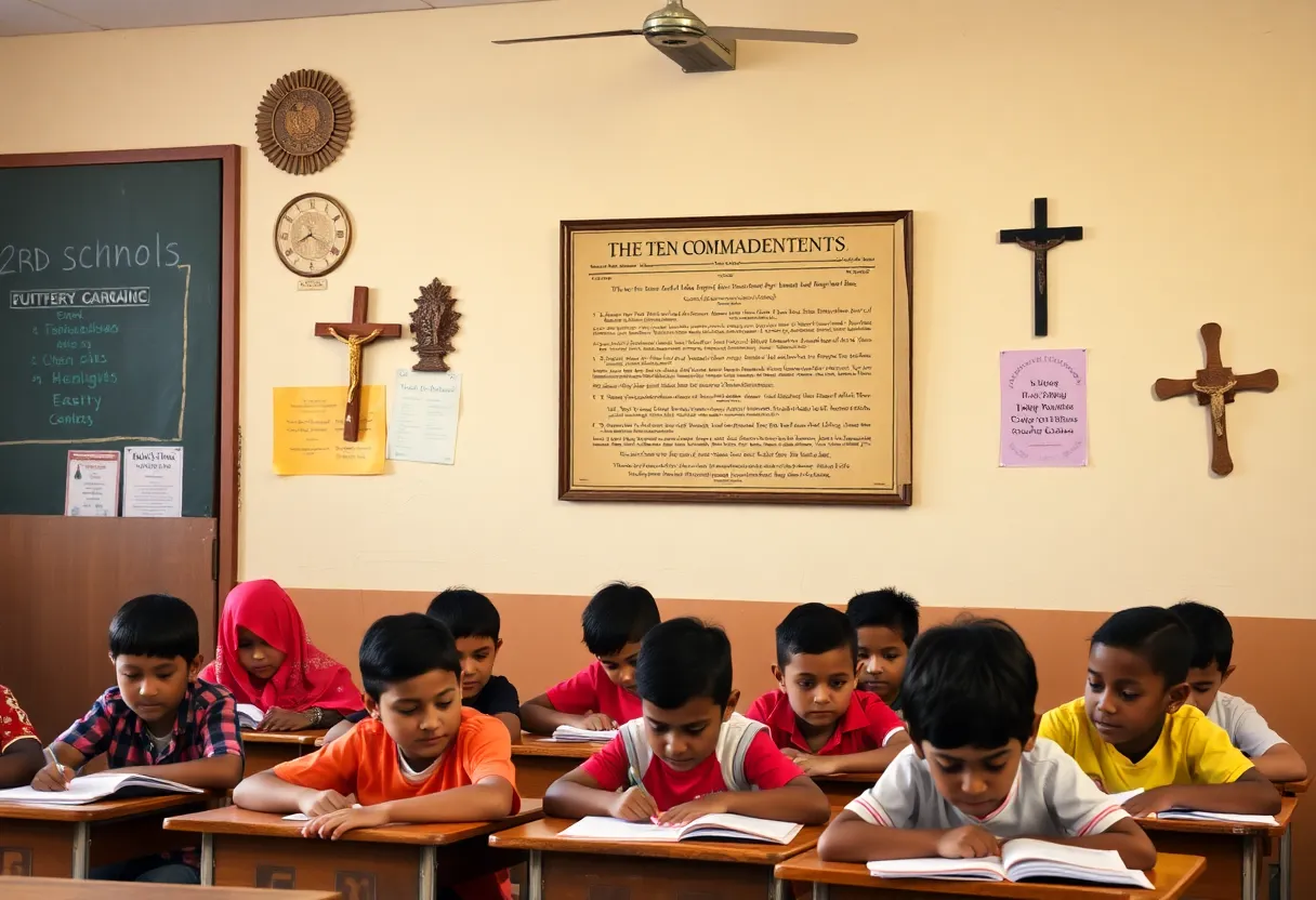 Public school classroom displaying the Ten Commandments