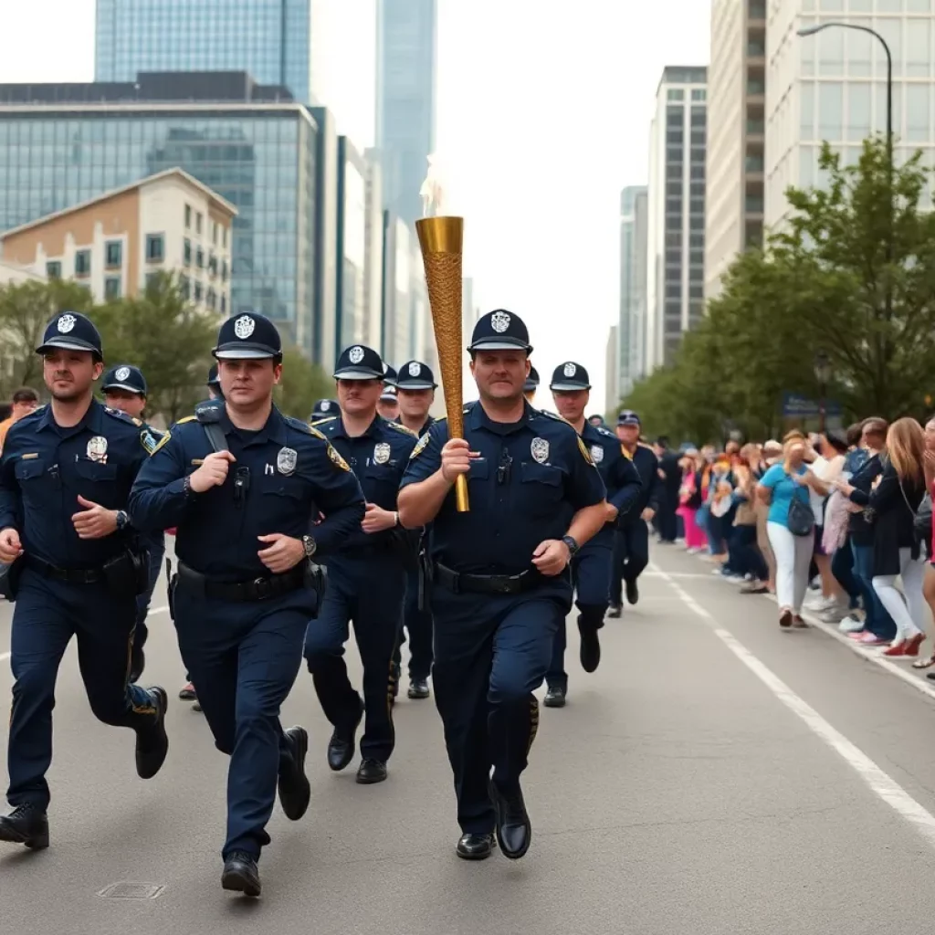 Law enforcement officers participating in the Torch Run in Huntsville