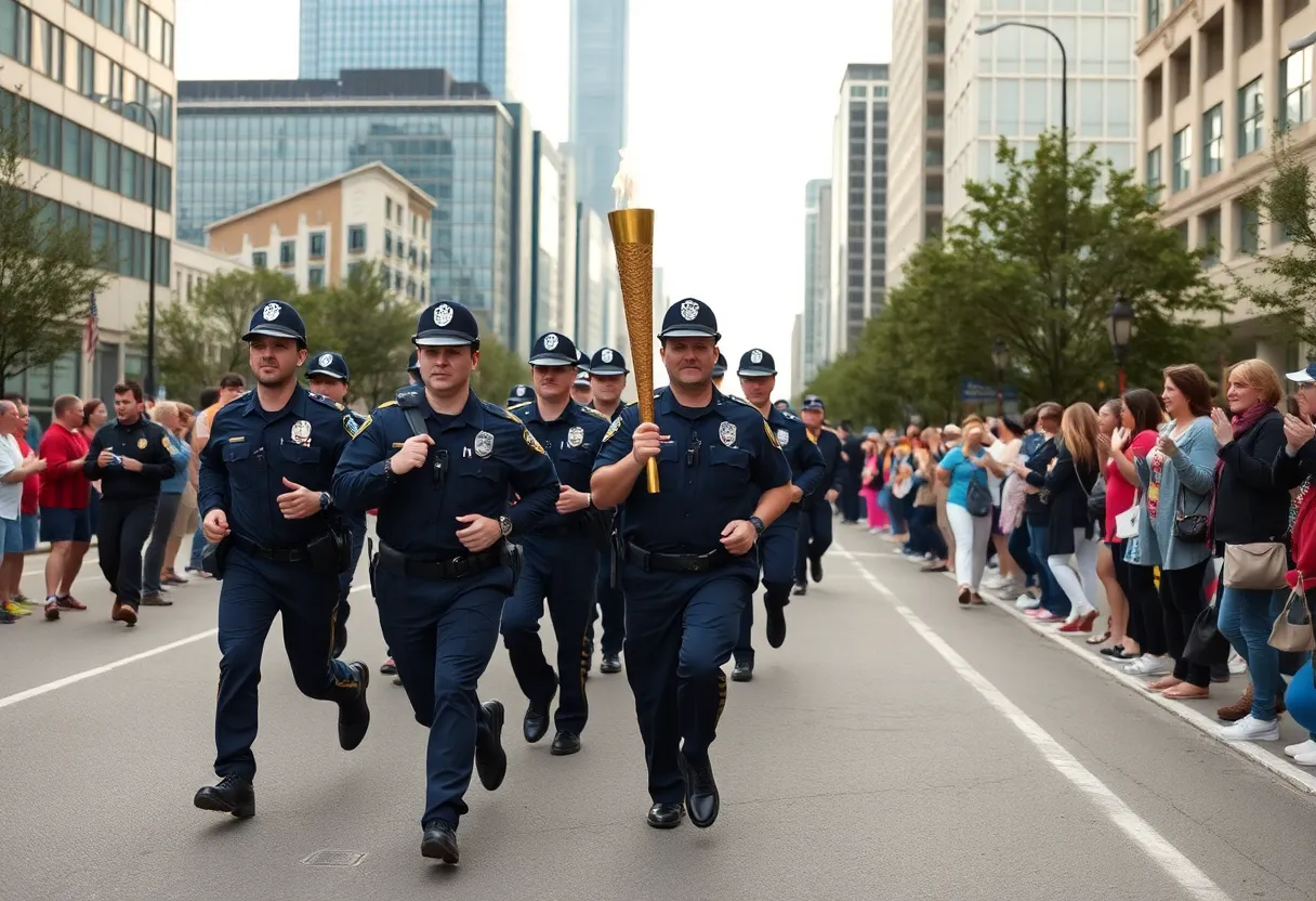 Law enforcement officers participating in the Torch Run in Huntsville
