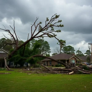 Damage caused by an EF-2 tornado in Alabama, highlighting uprooted trees and damaged homes.