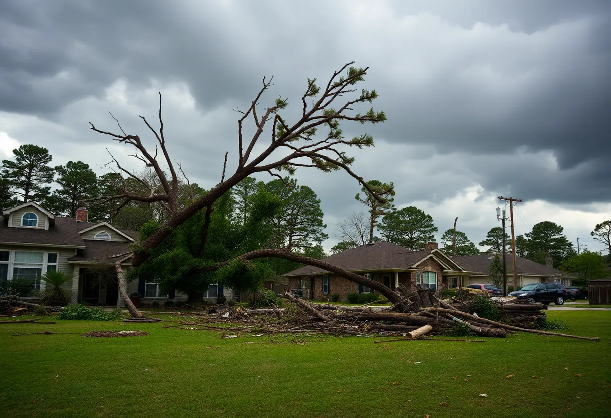 Damage caused by an EF-2 tornado in Alabama, highlighting uprooted trees and damaged homes.