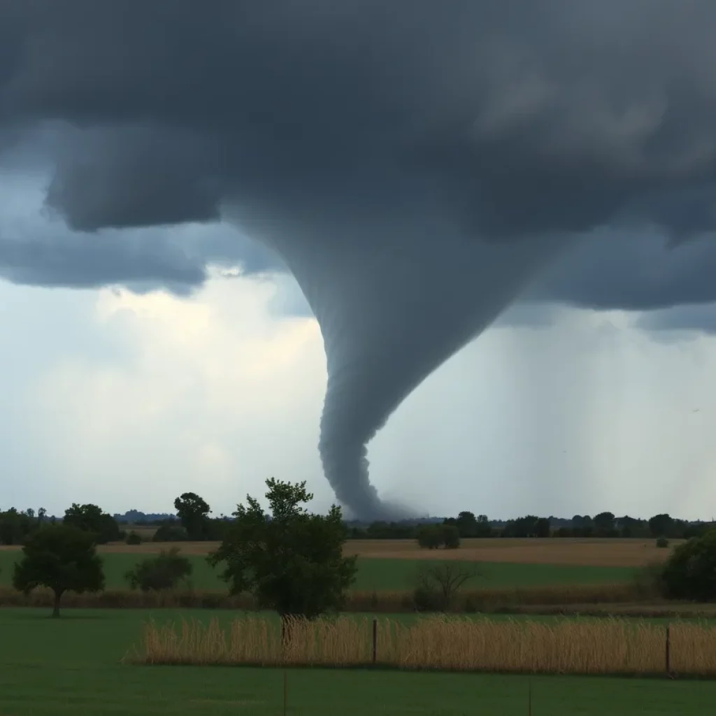 A tornado causing destruction in a rural Alabama landscape.