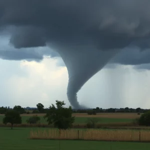 A tornado causing destruction in a rural Alabama landscape.