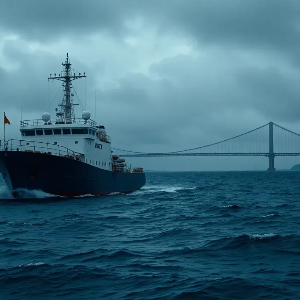 Training ship on turbulent waters near a bridge