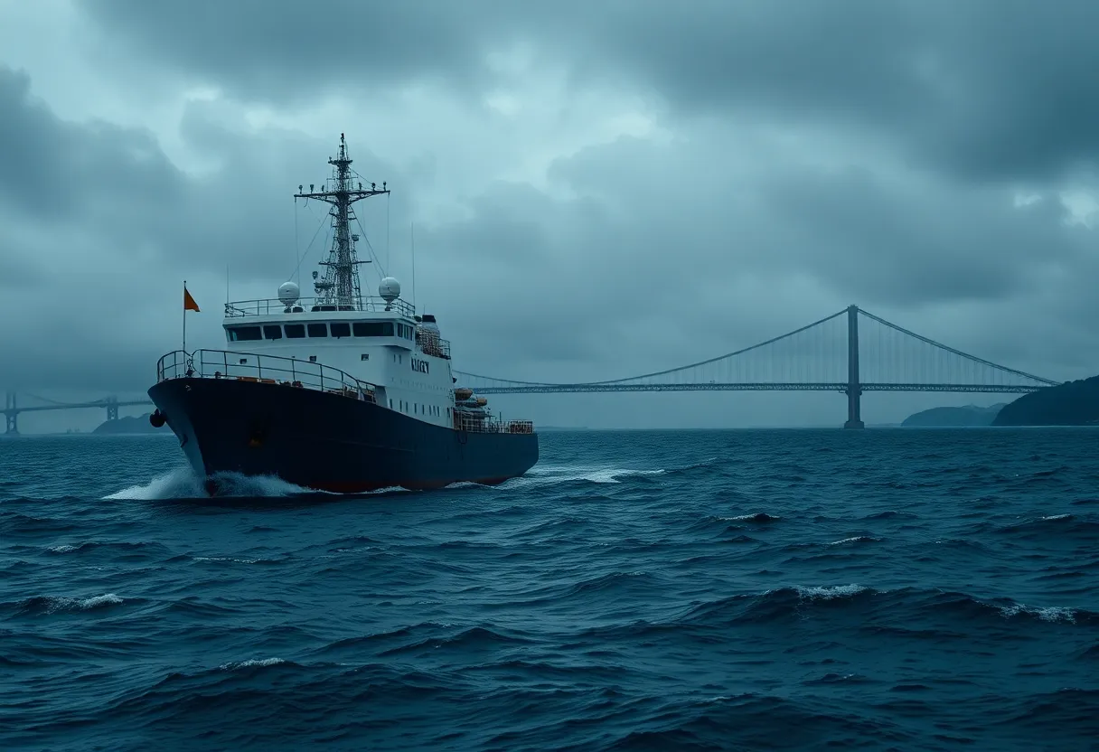 Training ship on turbulent waters near a bridge