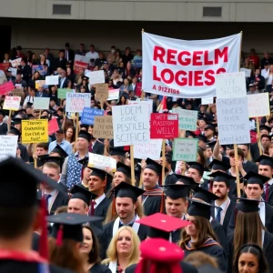 Students protesting during the commencement address at the University of Alabama.